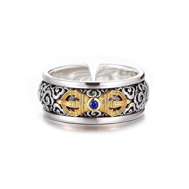 Buddha Stones Vintage Tibetan Vajra Auspicious Clouds Pattern Copper Pleated Silver Balance Ring