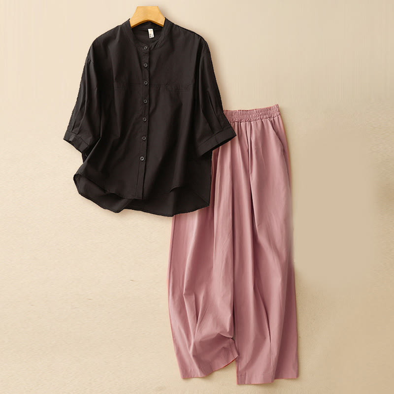 Buddha Stones 2pcs Women's Three-quarter Sleeve Shirt Harem Pants Meditation Clothing Set