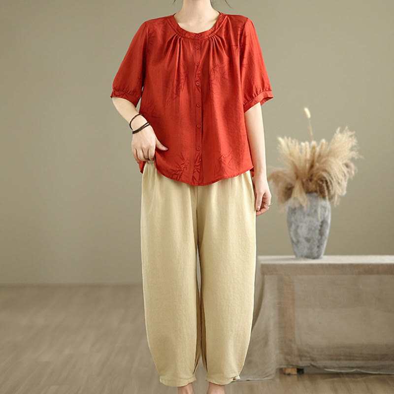Buddha Stones 2pcs Casual Women's Short Sleeve Shirt Harem Pants Meditation Clothing Set