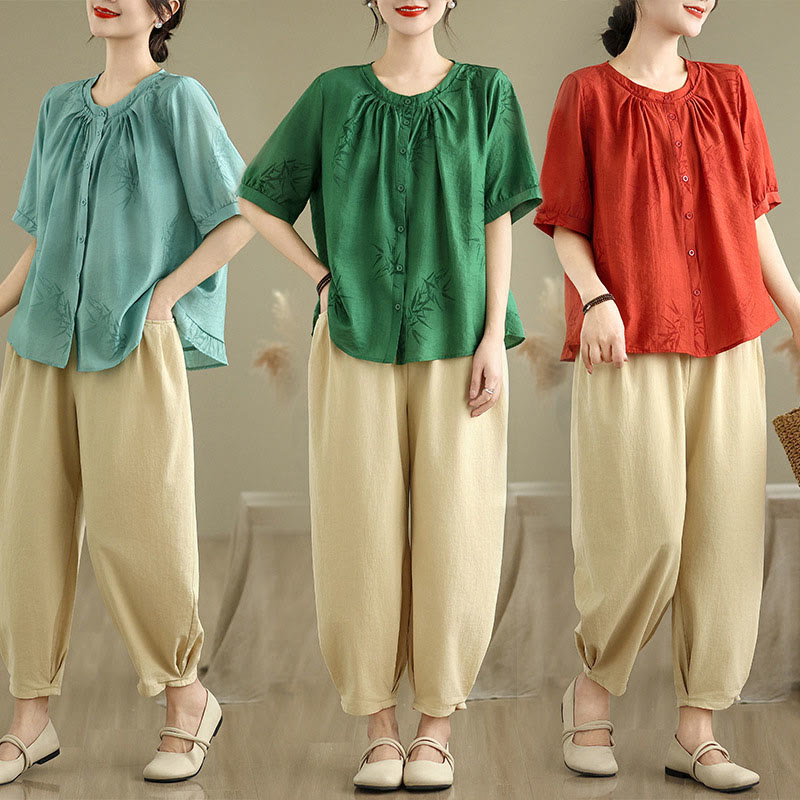 Buddha Stones 2pcs Casual Women's Short Sleeve Shirt Harem Pants Meditation Clothing Set