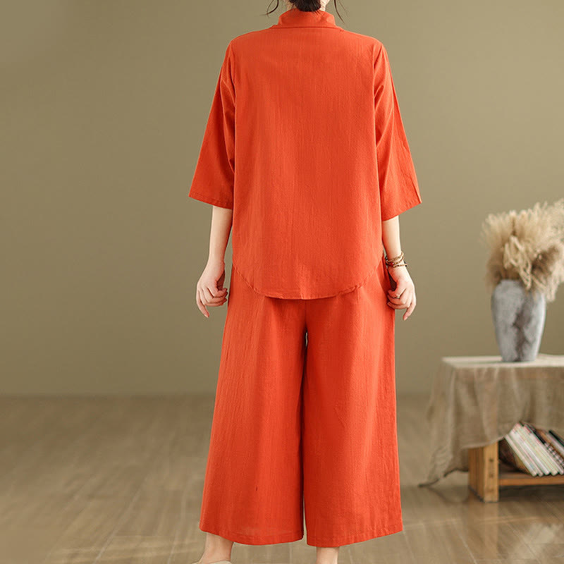 Buddha Stones 2pcs Casual Women's Stand Collar Shirt Loose Pants Meditation Clothing Set