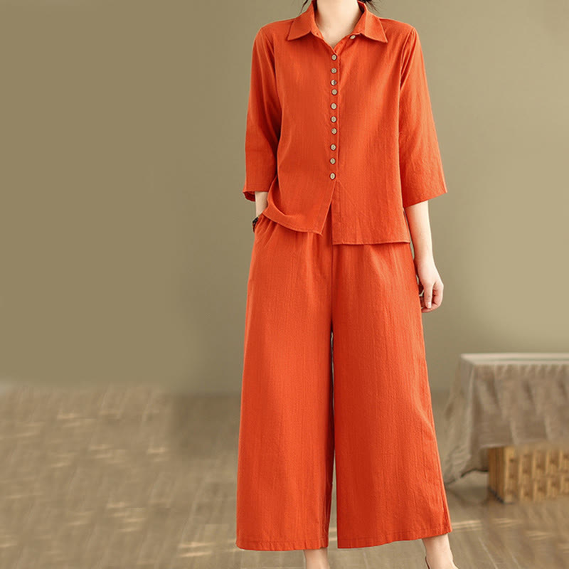 Buddha Stones 2pcs Casual Women's Stand Collar Shirt Loose Pants Meditation Clothing Set