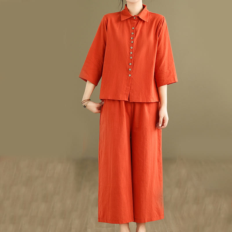 Buddha Stones 2pcs Casual Women's Stand Collar Shirt Loose Pants Meditation Clothing Set