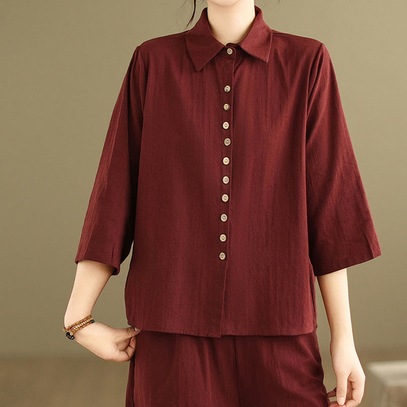 Buddha Stones 2pcs Casual Women's Stand Collar Shirt Loose Pants Meditation Clothing Set