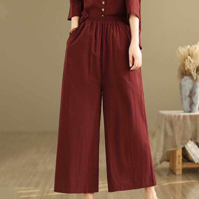 Buddha Stones 2pcs Casual Women's Stand Collar Shirt Loose Pants Meditation Clothing Set