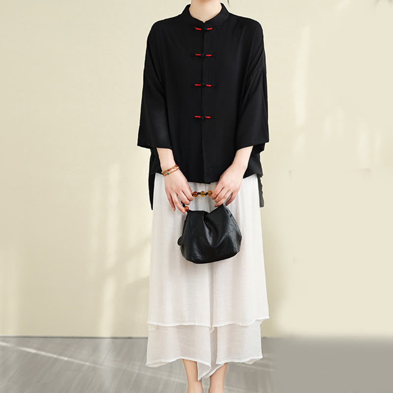 Buddha Stones 2pcs Casual Women's Frog Button Shirt Loose Pants Meditation Clothing Set