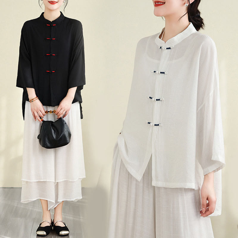 Buddha Stones 2pcs Casual Women's Frog Button Shirt Loose Pants Meditation Clothing Set