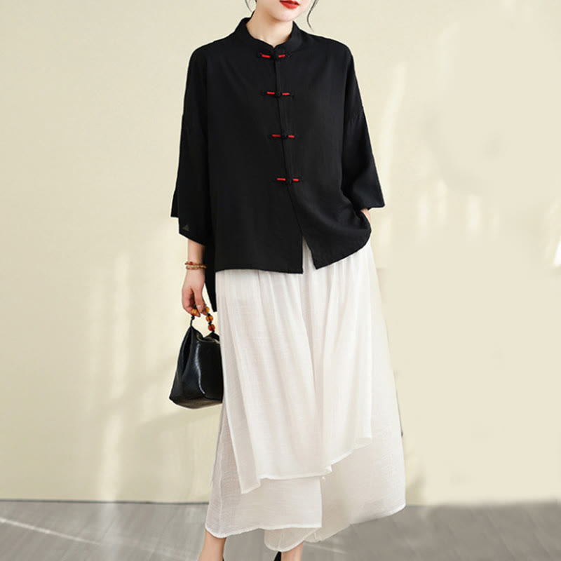 Buddha Stones 2pcs Casual Women's Frog Button Shirt Loose Pants Meditation Clothing Set