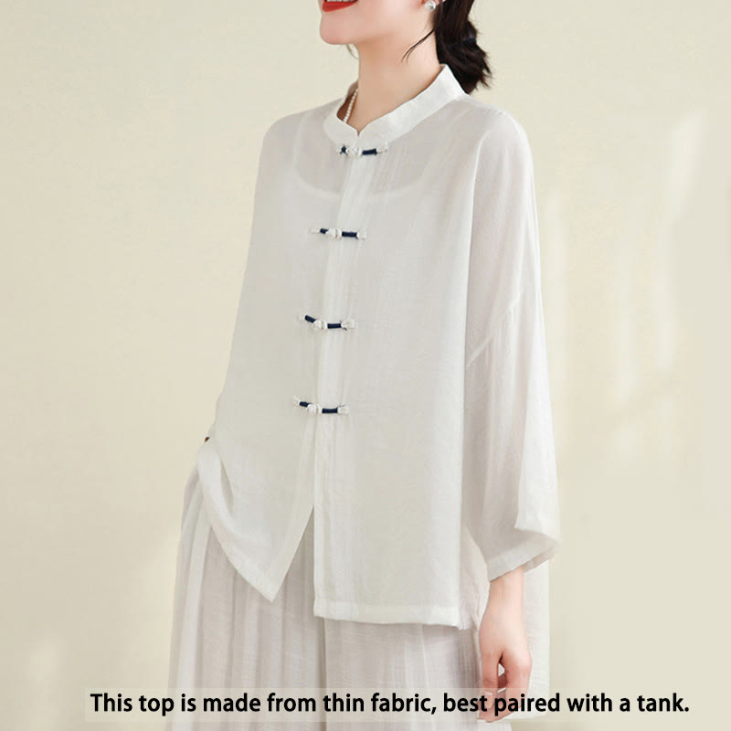 Buddha Stones 2pcs Casual Women's Frog Button Shirt Loose Pants Meditation Clothing Set