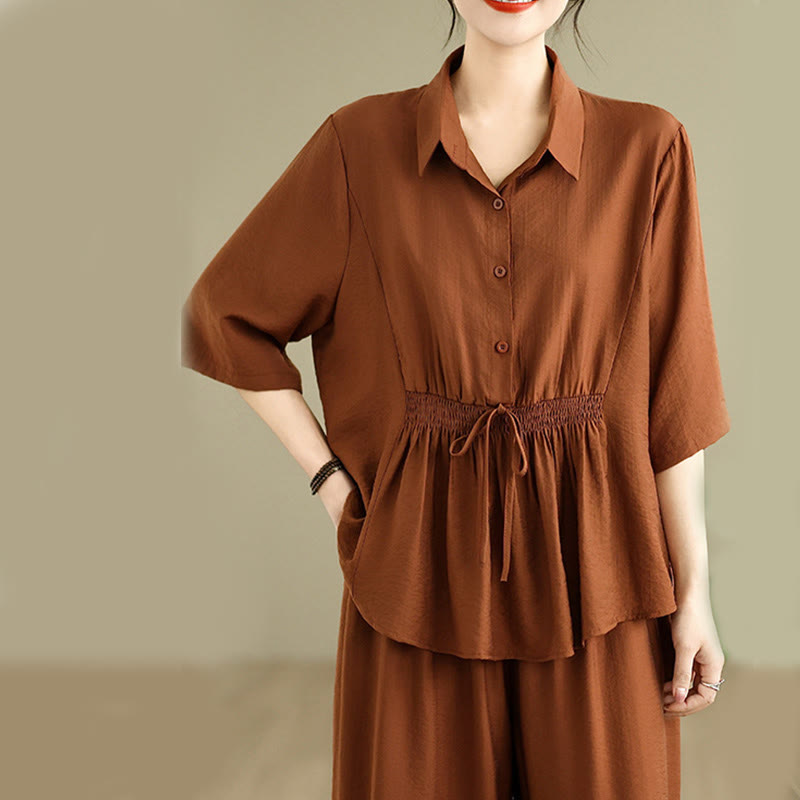 Buddha Stones 2pcs Casual Women's Stand Collar Shirt Loose Pants Meditation Clothing Set