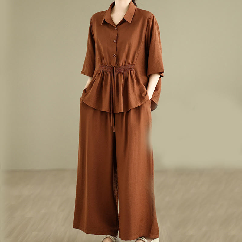 Buddha Stones 2pcs Casual Women's Stand Collar Shirt Loose Pants Meditation Clothing Set