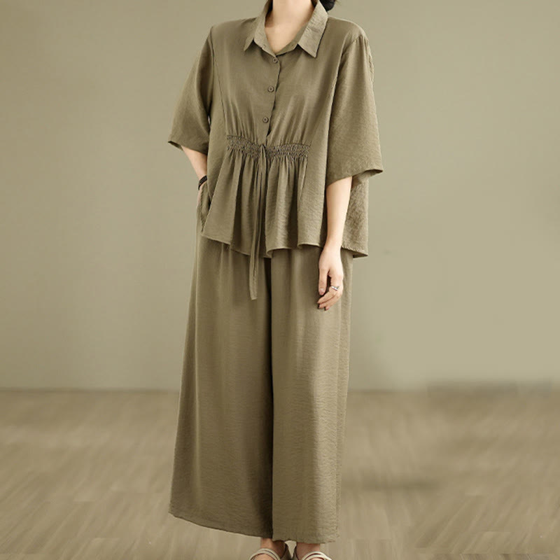 Buddha Stones 2pcs Casual Women's Stand Collar Shirt Loose Pants Meditation Clothing Set