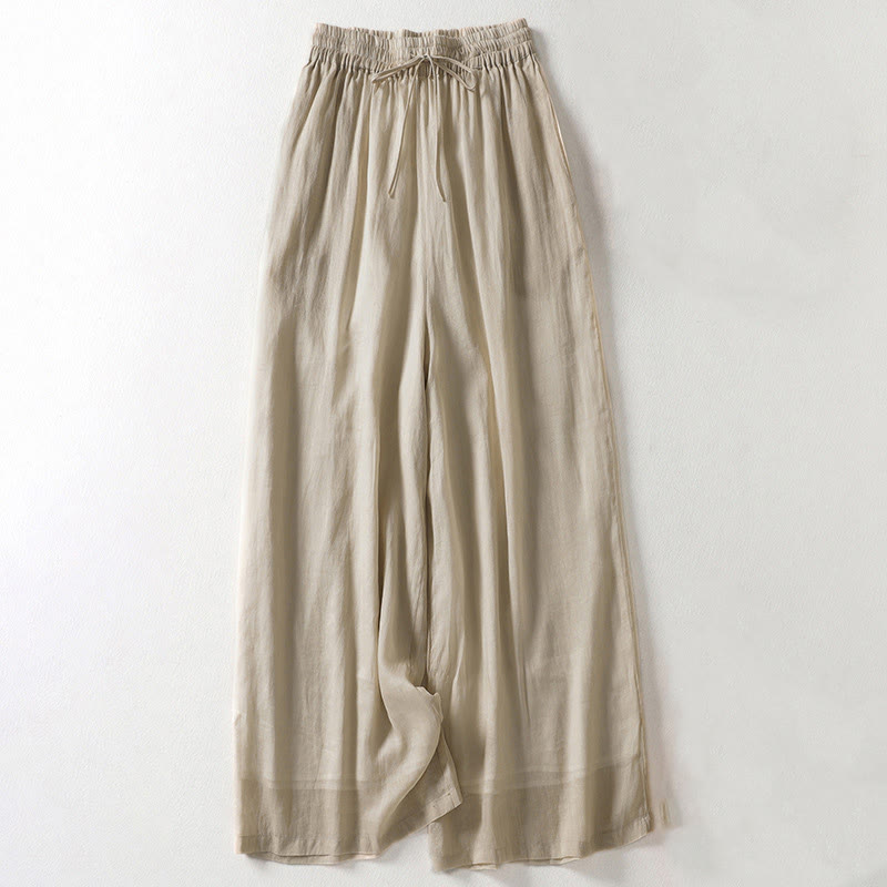 Buddha Stones Casual Drawstring Cotton Linen Ankle-Length Women's Wide Leg Pants With Pockets