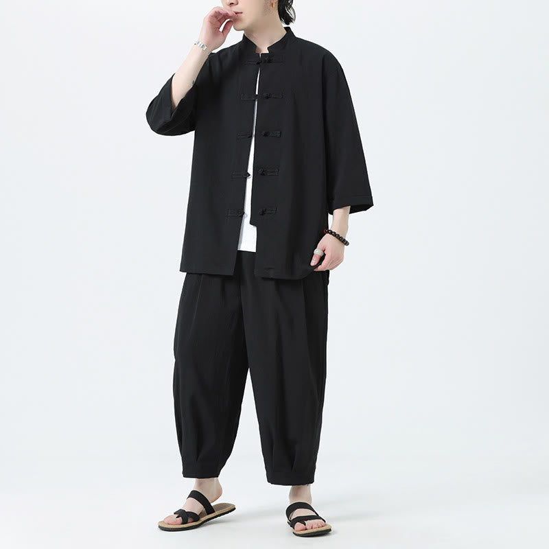 Buddha Stones 2Pcs Solid Frog-Button Three Quarter Sleeve Shirt Pants Men's Set