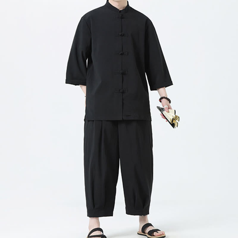 Buddha Stones 2Pcs Solid Frog-Button Three Quarter Sleeve Shirt Pants Men's Set