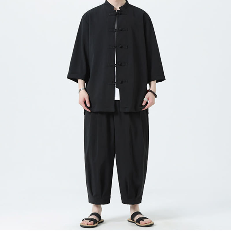 Buddha Stones 2Pcs Solid Frog-Button Three Quarter Sleeve Shirt Pants Men's Set