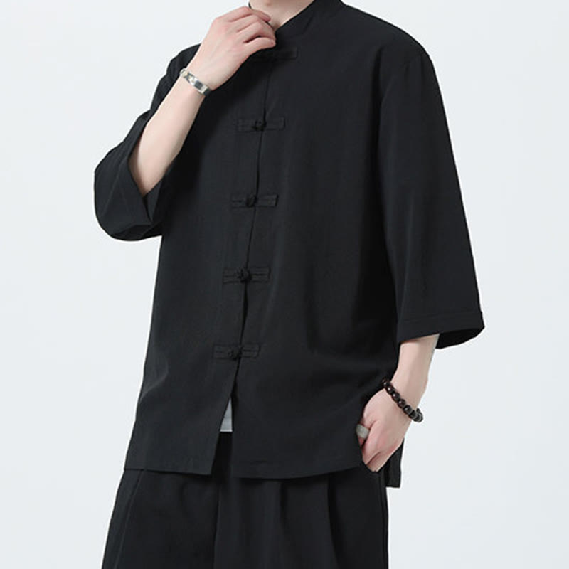 Buddha Stones 2Pcs Solid Frog-Button Three Quarter Sleeve Shirt Pants Men's Set