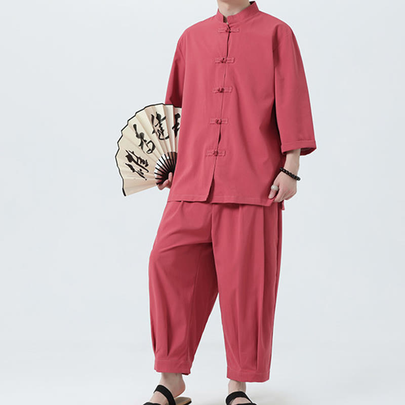 Buddha Stones 2Pcs Solid Frog-Button Three Quarter Sleeve Shirt Pants Men's Set
