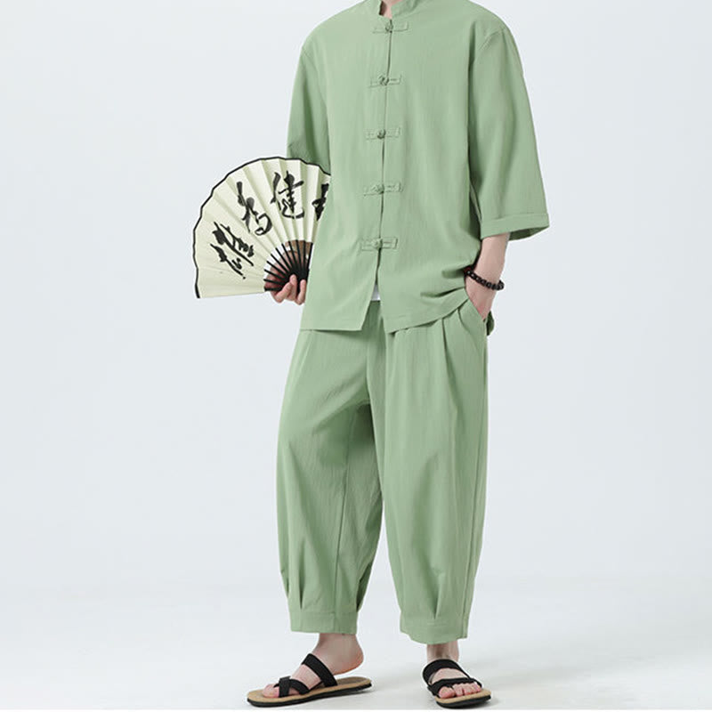 Buddha Stones 2Pcs Solid Frog-Button Three Quarter Sleeve Shirt Pants Men's Set