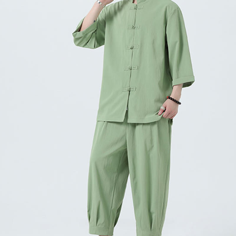 Buddha Stones 2Pcs Solid Frog-Button Three Quarter Sleeve Shirt Pants Men's Set