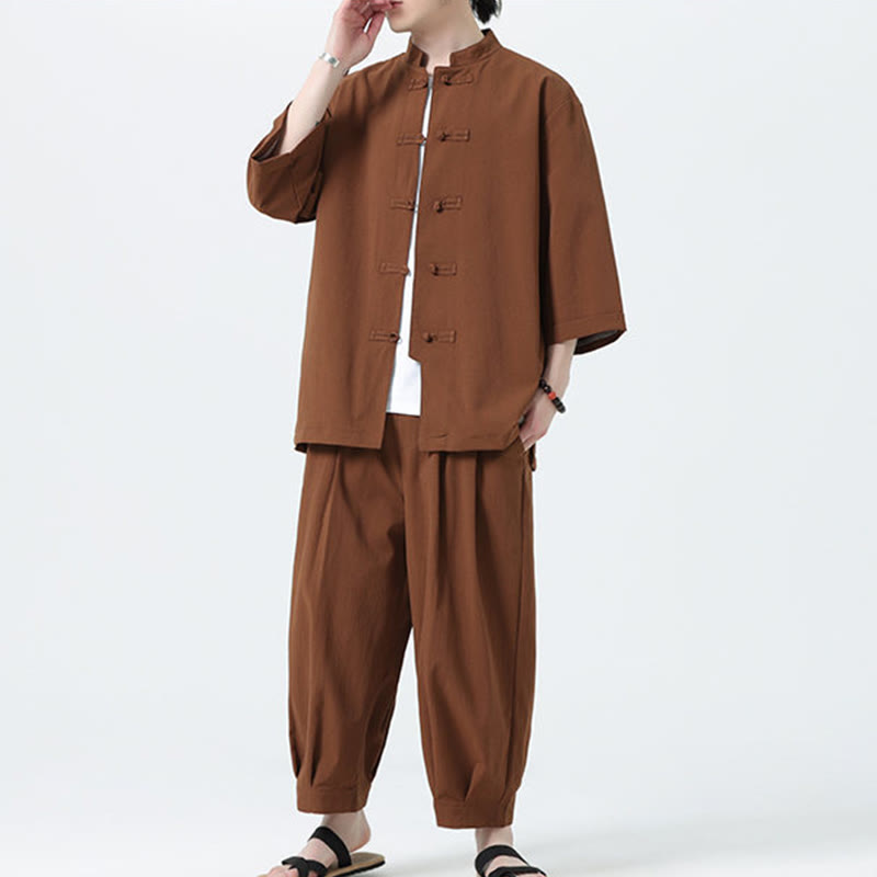 Buddha Stones 2Pcs Solid Frog-Button Three Quarter Sleeve Shirt Pants Men's Set