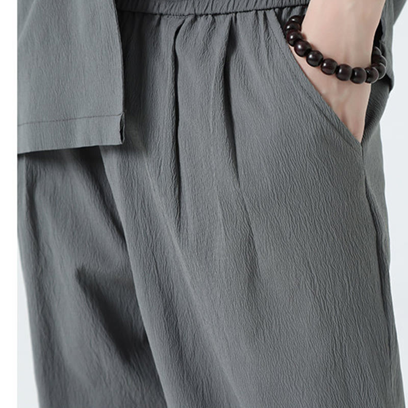 Buddha Stones 2Pcs Solid Frog-Button Three Quarter Sleeve Shirt Pants Men's Set