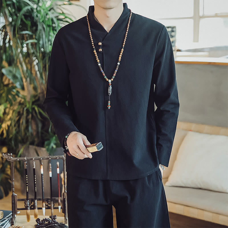 Buddha Stones 2Pcs Cotton Shirt Ankle-Length Pants With Pockets Men's Meditation Cloth Set