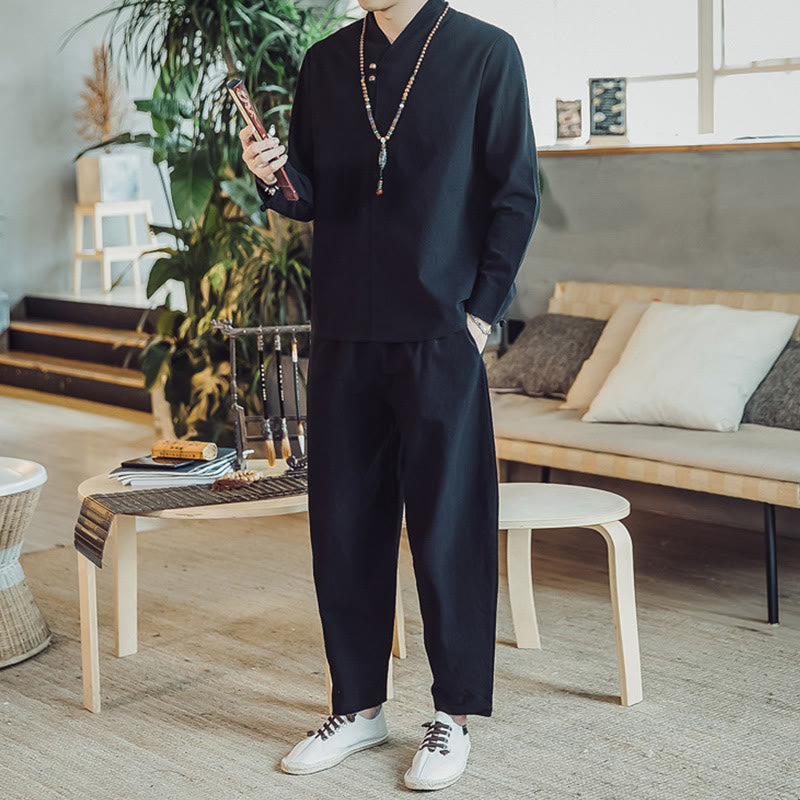 Buddha Stones 2Pcs Cotton Shirt Ankle-Length Pants With Pockets Men's Meditation Cloth Set