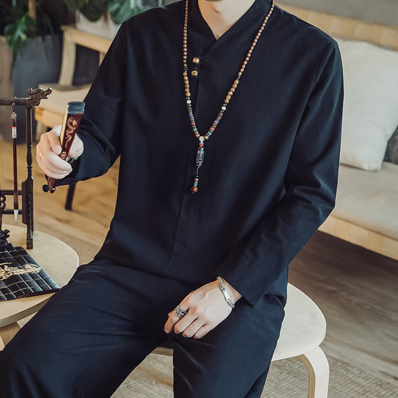 Buddha Stones 2Pcs Cotton Shirt Ankle-Length Pants With Pockets Men's Meditation Cloth Set