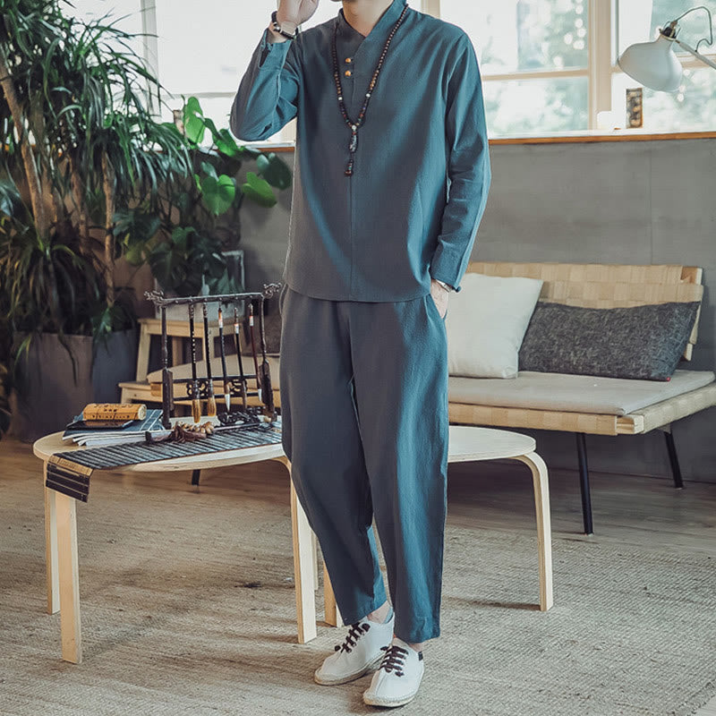 Buddha Stones 2Pcs Cotton Shirt Ankle-Length Pants With Pockets Men's Meditation Cloth Set