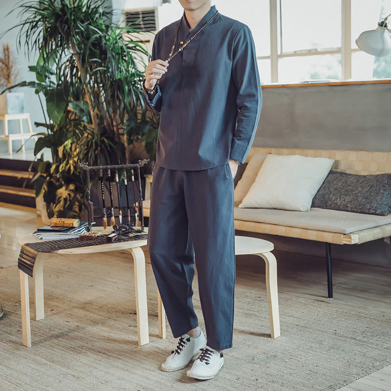 Buddha Stones 2Pcs Cotton Shirt Ankle-Length Pants With Pockets Men's Meditation Cloth Set