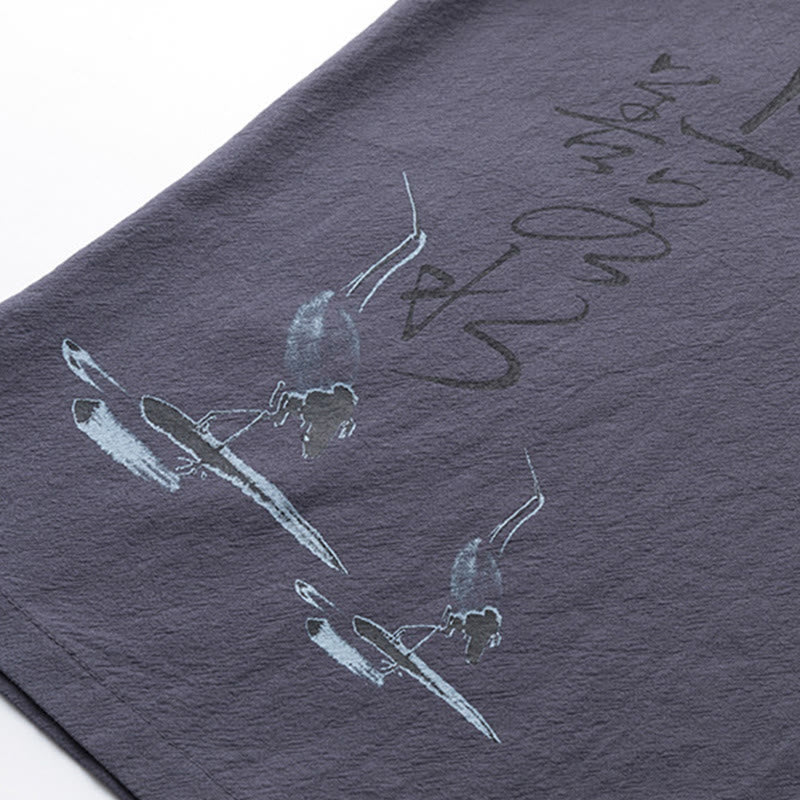 Buddha Stones 2Pcs Chinese Characters Crane Cotton Shirt Pants With Pockets Men's Meditation Cloth Set