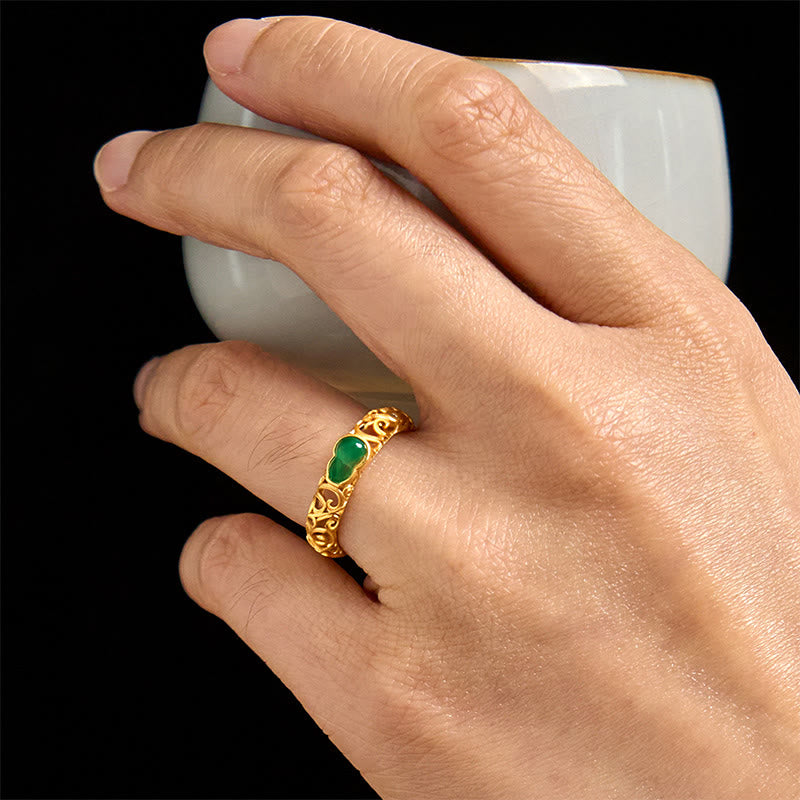 Buddha Stones Vintage Gourd Green Chalcedony Copper Alloy Wealth Ring