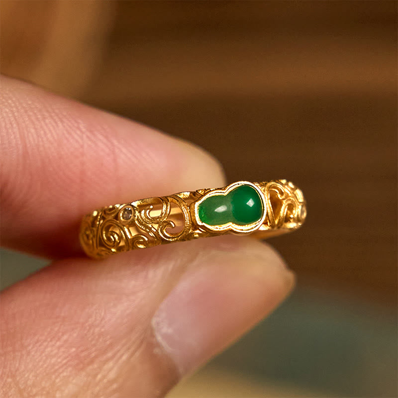 Buddha Stones Vintage Gourd Green Chalcedony Copper Alloy Wealth Ring