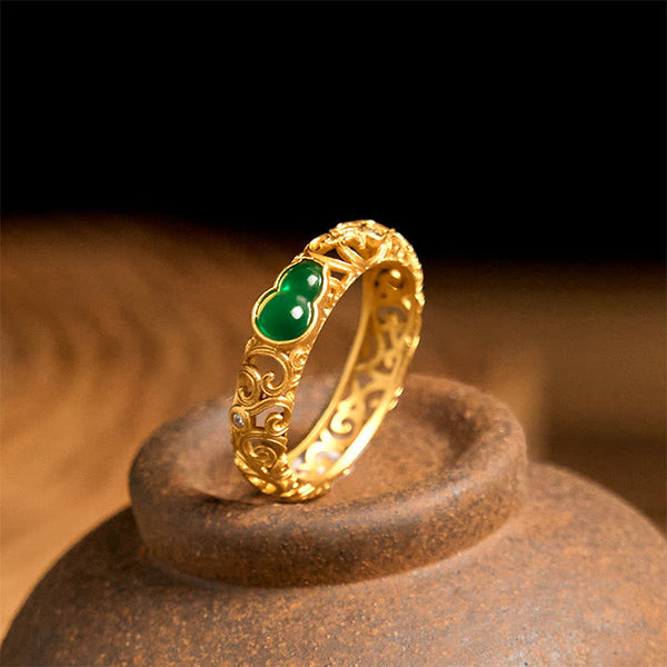 Buddha Stones Vintage Gourd Green Chalcedony Copper Alloy Wealth Ring