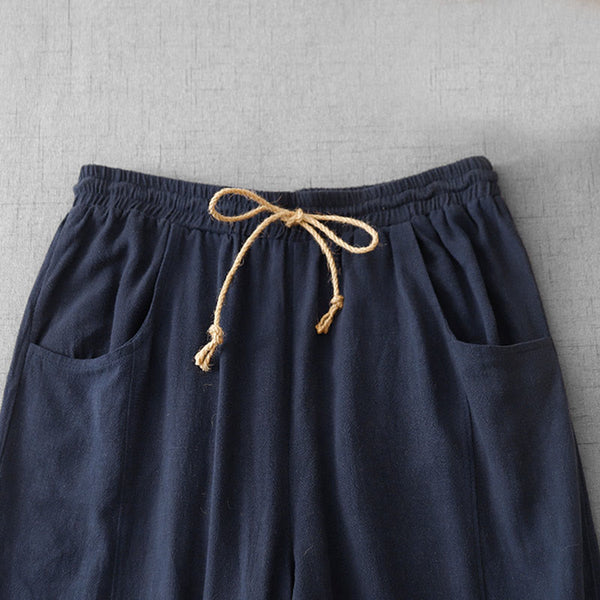 Buddha Stones Casual Pure Color Drawstring Simple Design Women's Cotton Pants With Pockets