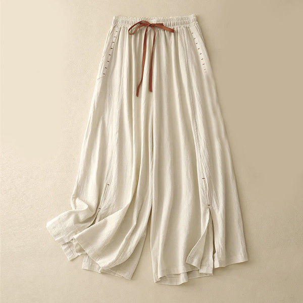 Buddha Stones Casual Side Slits Design Cotton Women's Wide Leg 7-8 Length Pants With Pockets