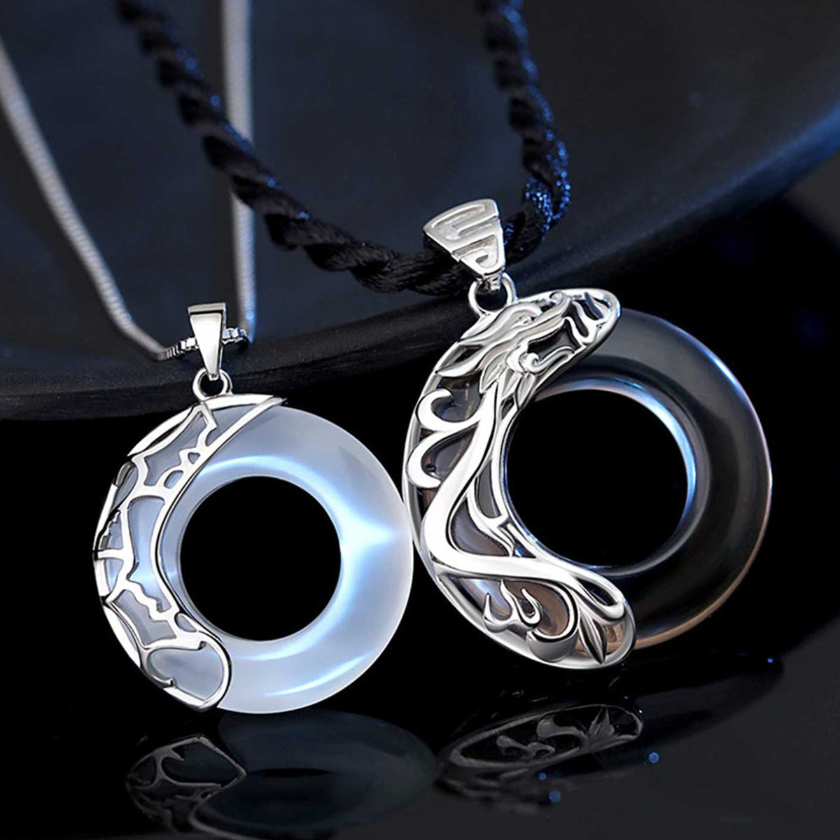 Harmony Guardians Couple Set – Obsidian Dragon & Opal Phoenix Necklaces