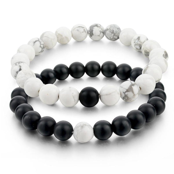 Soulmate Connection Bracelet Set - Black & White Gemstone Bond for Couples