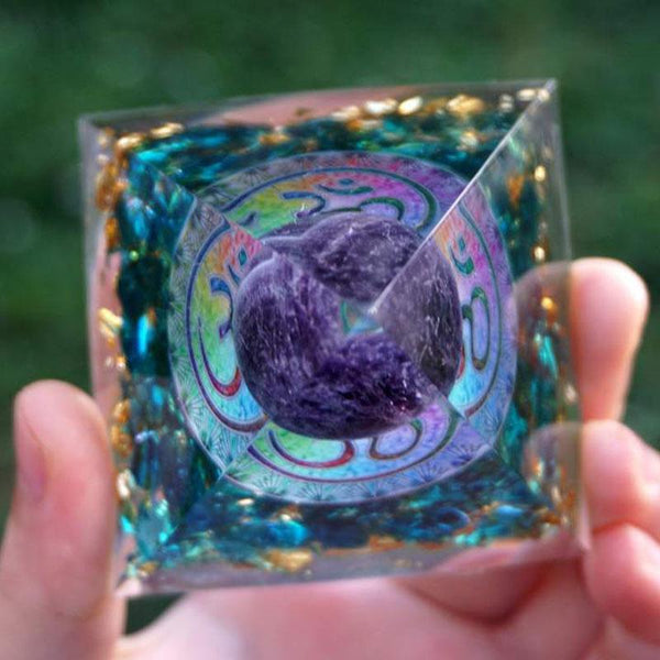 Harmonic Aura Amethyst Orgonite Pyramid - EMF Shield & Energy Purifier